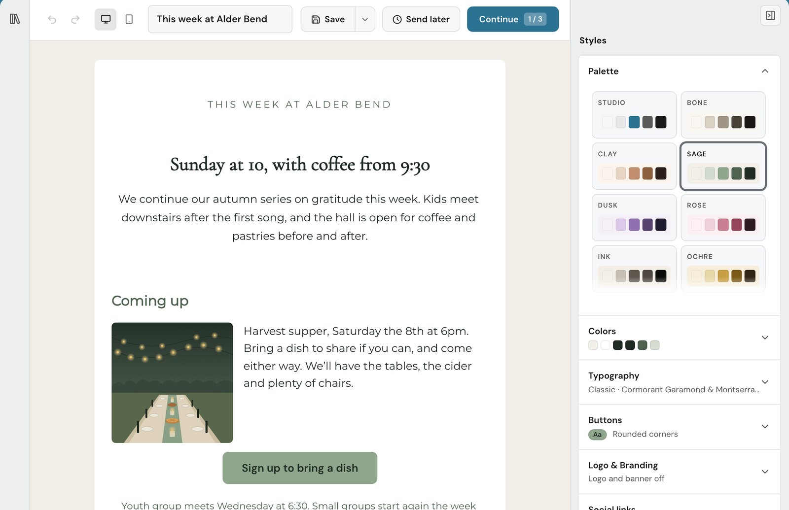The Thunk Mail builder with a weekly newsletter for Alder Bend Community Church open: this Sunday’s service, a harvest supper with an illustration and a button to sign up to bring a dish, beside the styles panel