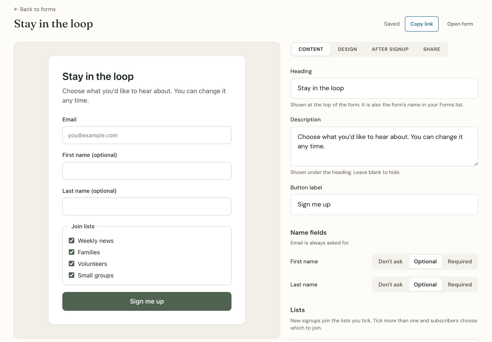 A Thunk Mail signup form called Stay in the loop, where people tick the lists they want to join: Weekly news, Families, Volunteers and Small groups