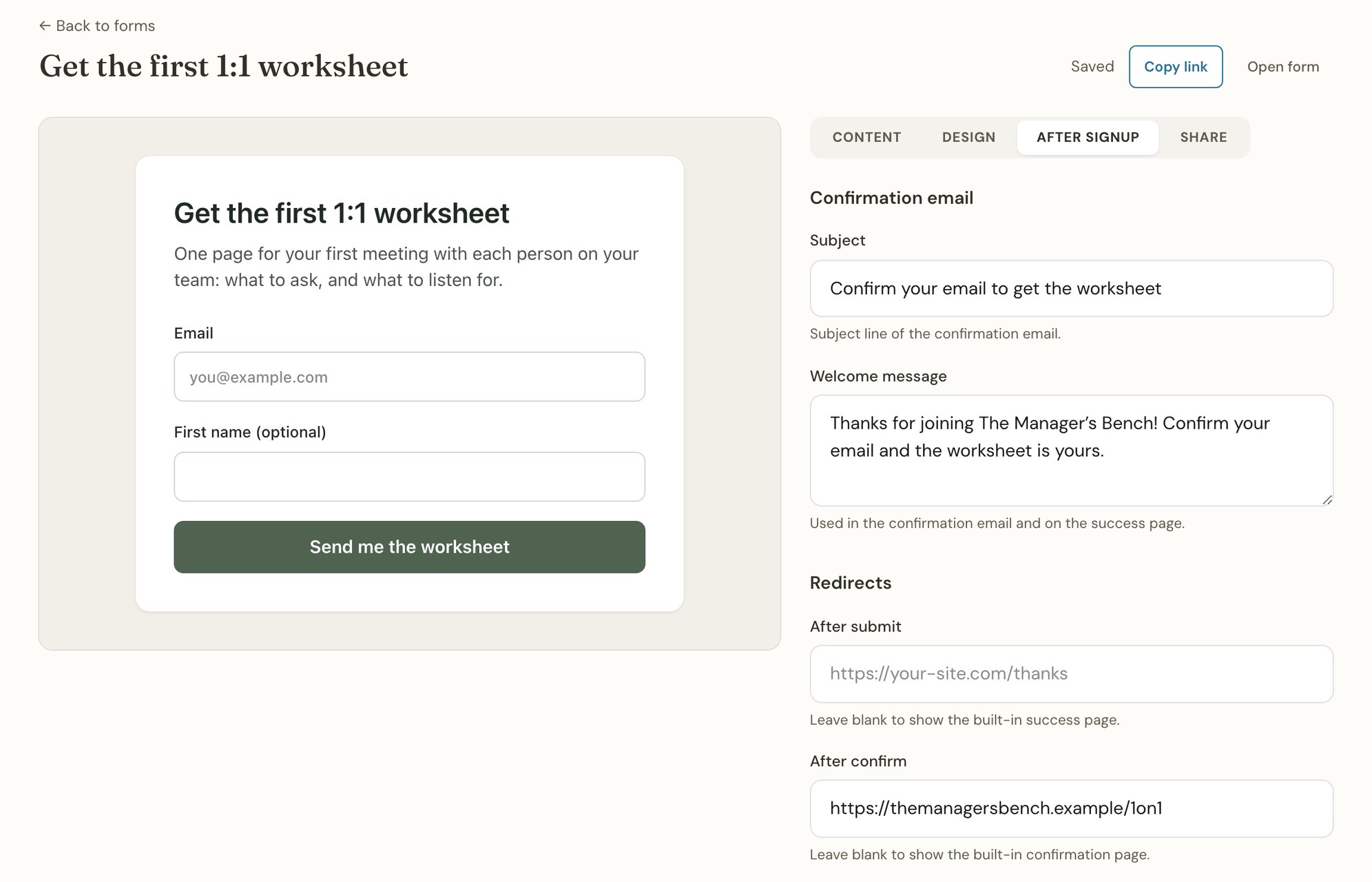 A Thunk Mail signup form called Get the first 1:1 worksheet, with its After confirm field set to the worksheet’s download page