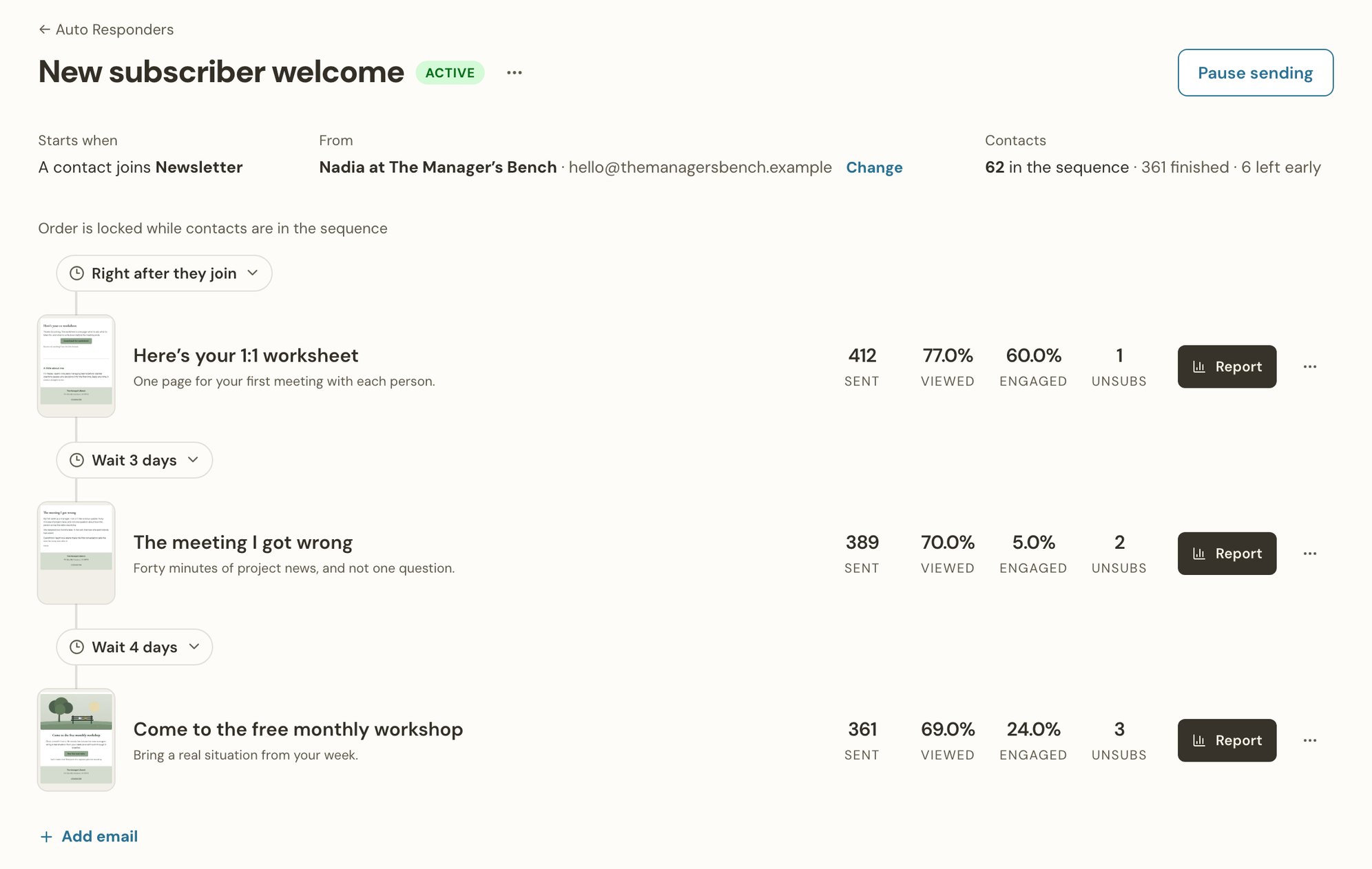 A Thunk Mail auto responder called New subscriber welcome, sending three emails after someone joins the Newsletter list, the last an invitation to a free workshop, with the wait before each email and how many people viewed and engaged with it