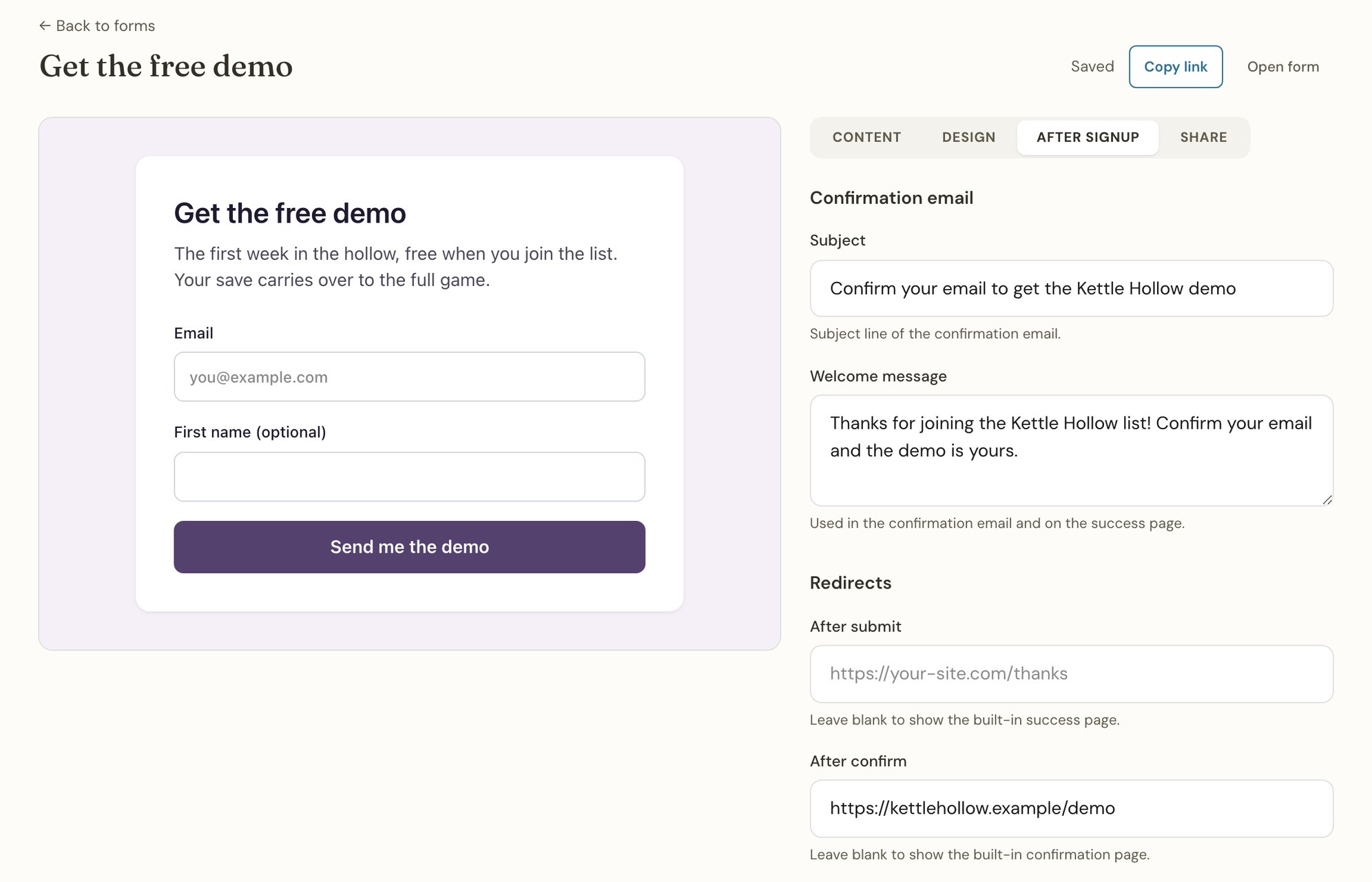 A Thunk Mail signup form called Get the free demo, with its After confirm field set to the demo’s download page