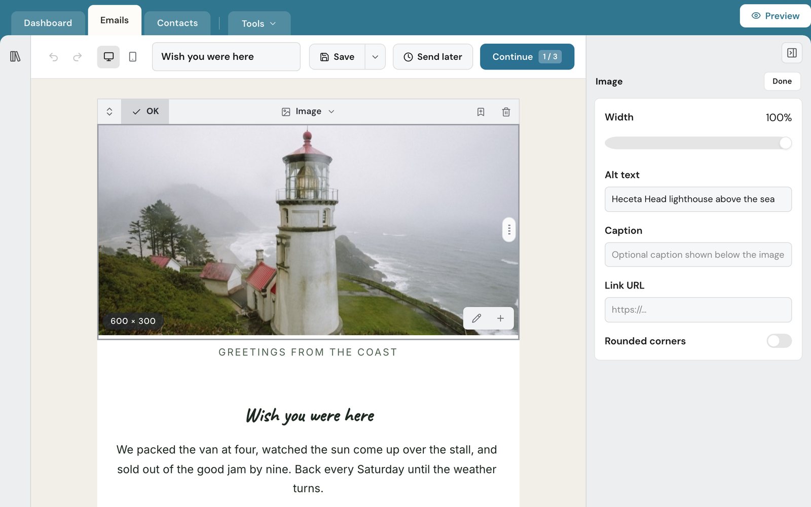 Thunk Mail composer: the photo in a postcard email selected, with its alt text and link settings beside it