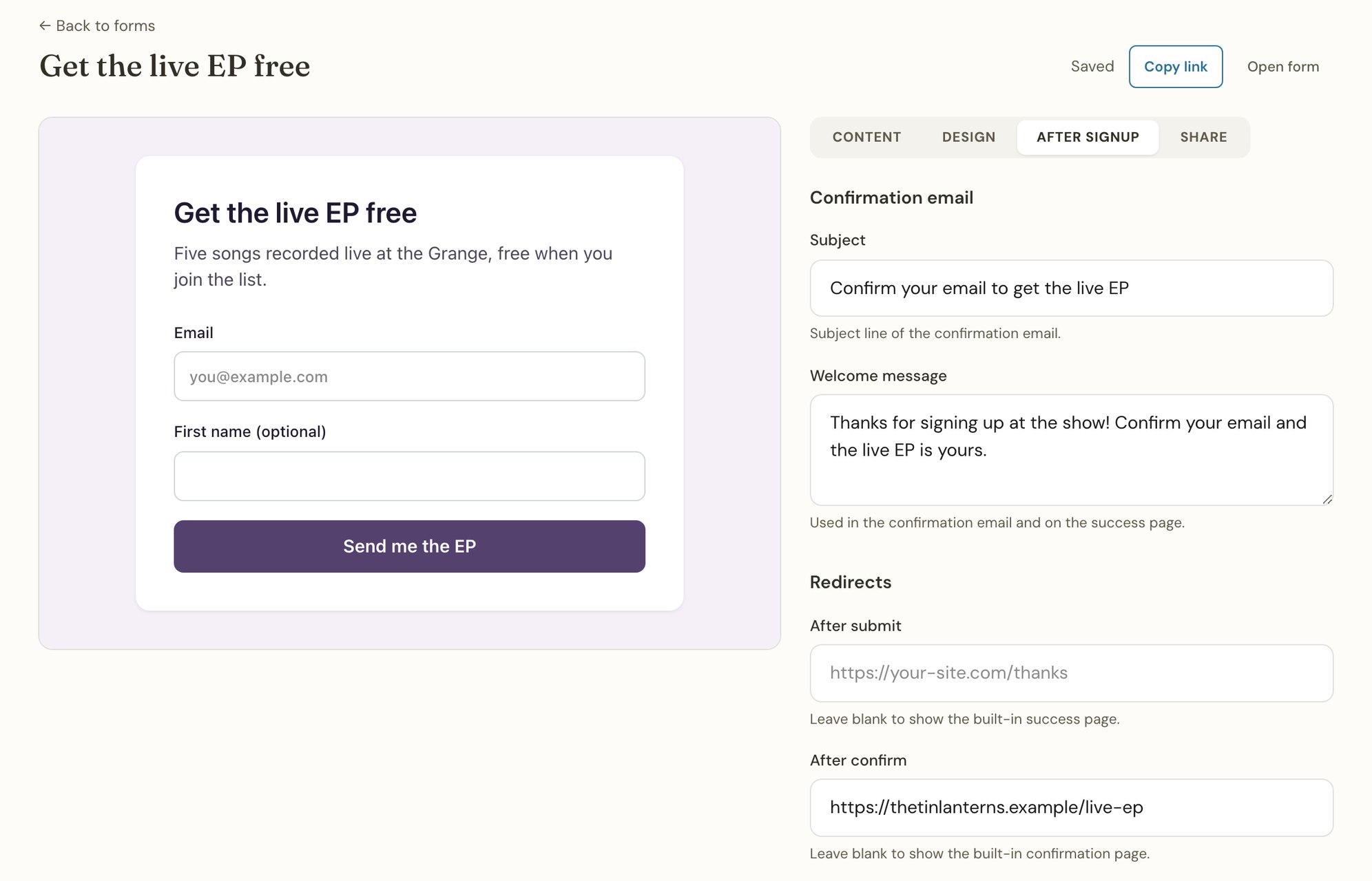 A Thunk Mail signup form called Get the live EP free, with its After confirm field set to the band’s download page