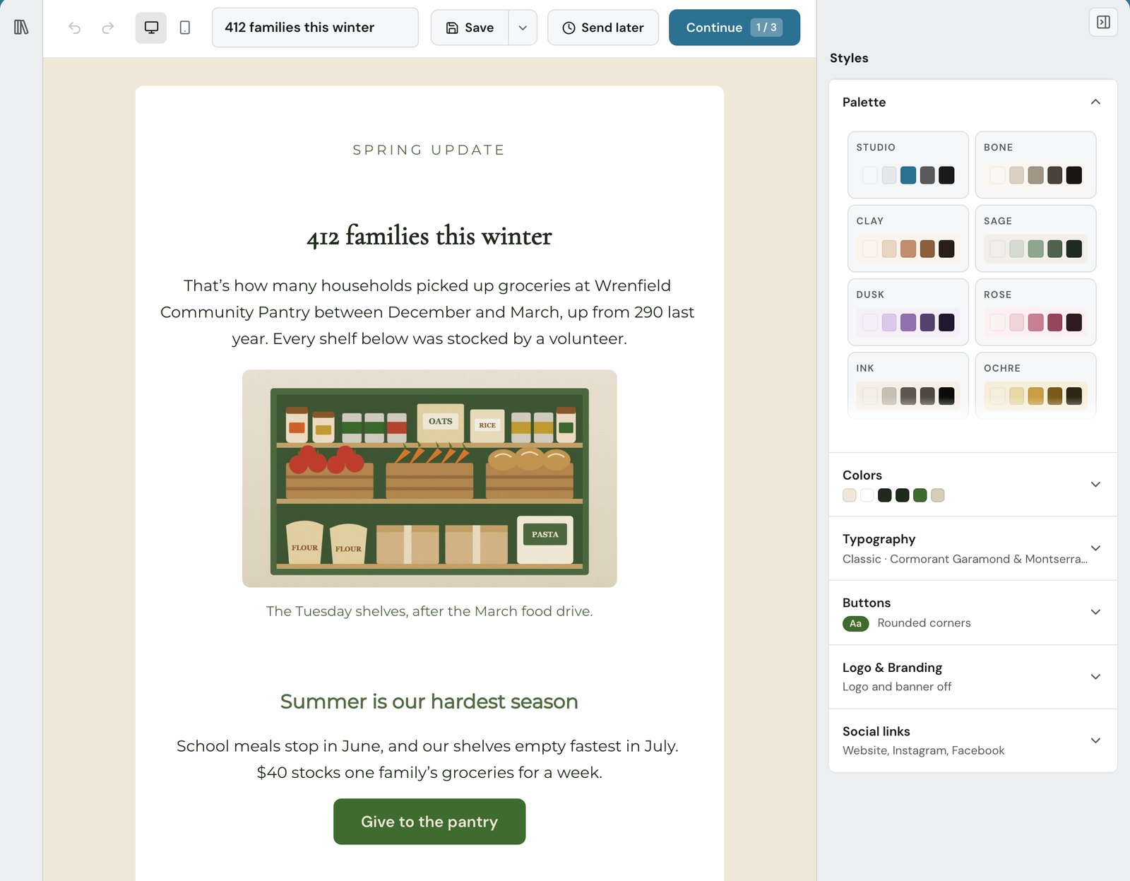 The Thunk Mail builder with a spring impact update for Wrenfield Community Pantry open: the heading 412 families this winter, an illustration of stocked pantry shelves and a Give to the pantry button, beside the styles panel