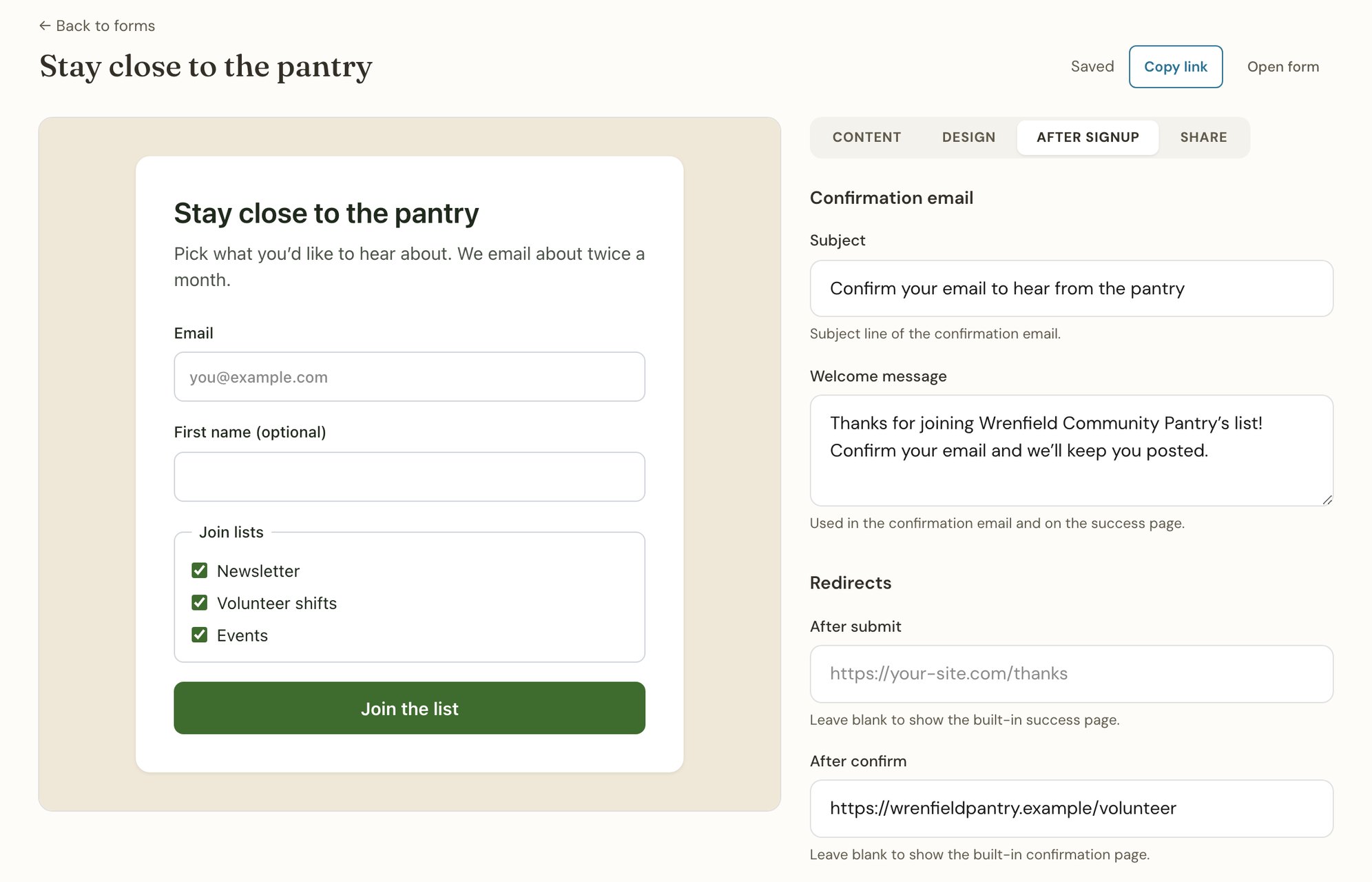 A Thunk Mail signup form called Stay close to the pantry, offering three lists to join (Newsletter, Volunteer shifts and Events), with its After confirm field set to the pantry’s volunteer page