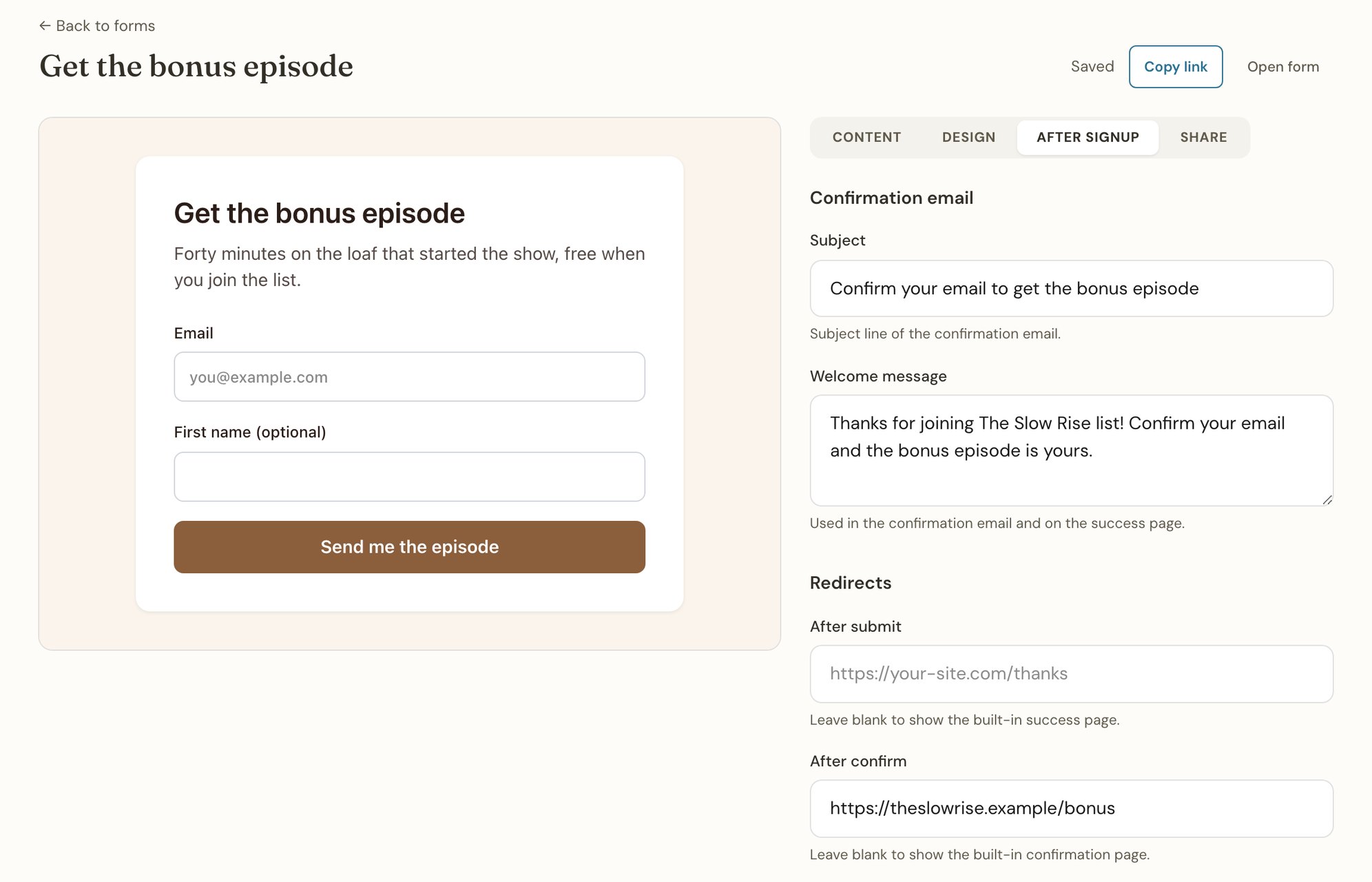 A Thunk Mail signup form called Get the bonus episode, with its After confirm field set to the bonus episode’s page